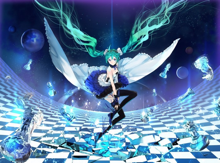 Hatsune Miku on a shattered chessboard in space