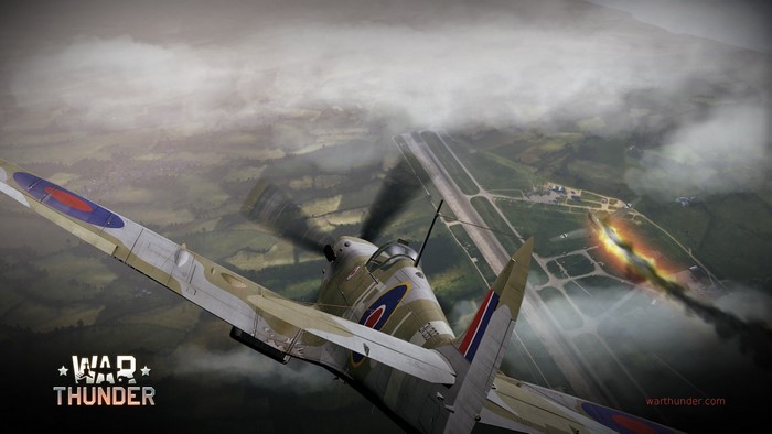 Spitfire aircraft in War Thunder over an airfield