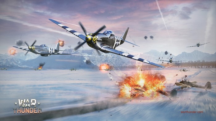 War Thunder: P-51 Mustangs in aerial combat over a snowy landscape