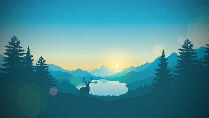 Deer by a lake at sunrise with mountains and trees
