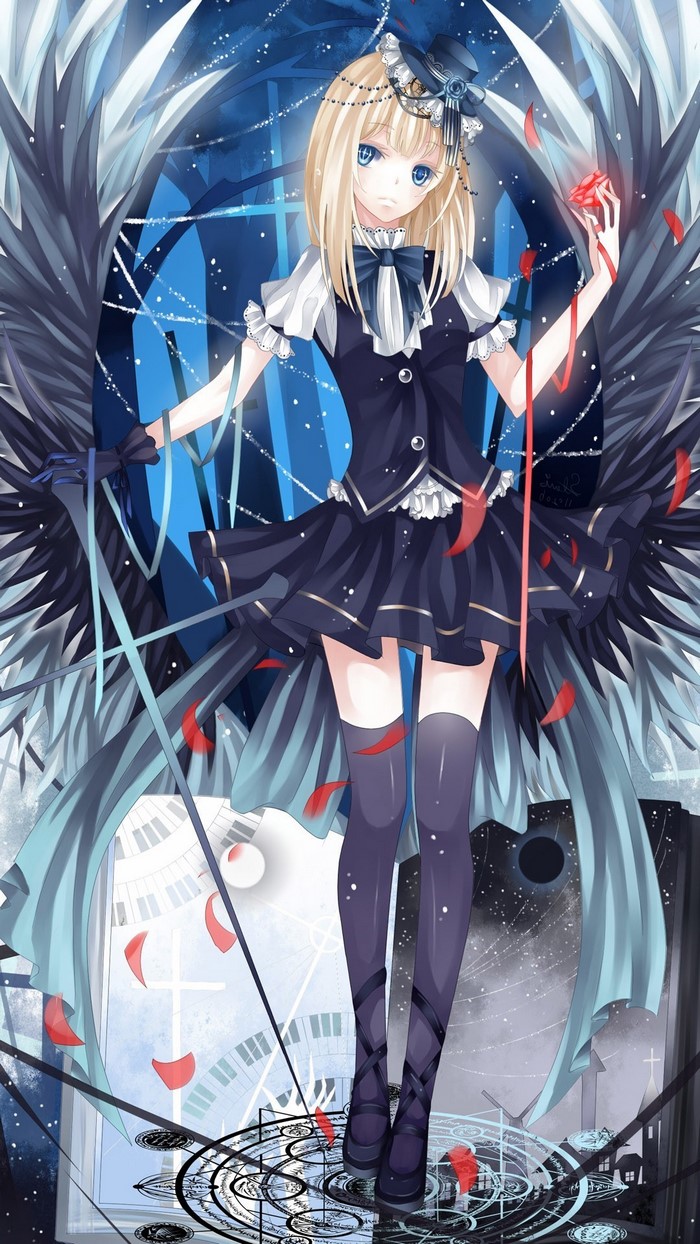 Anime girl with black wings and red gem