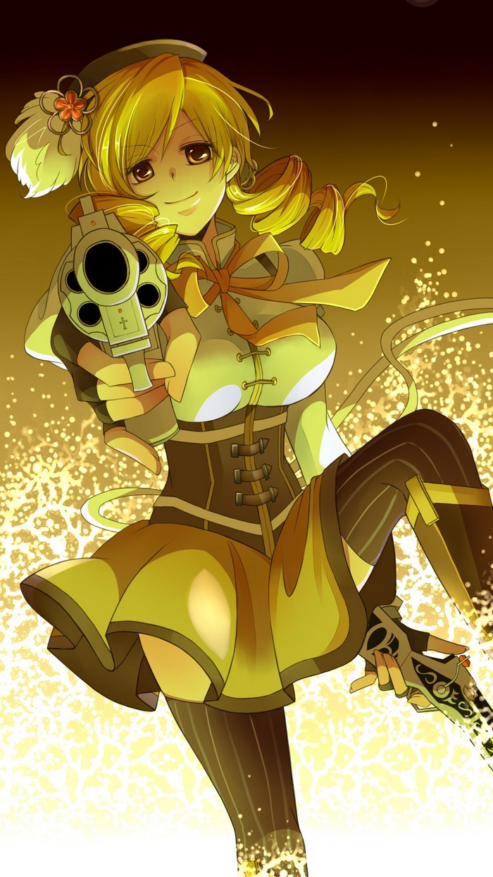 Tomoe Mami from Mahou Shoujo Madoka Magica holding guns