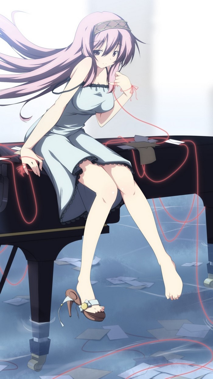 Anime girl with pink hair sitting on a piano