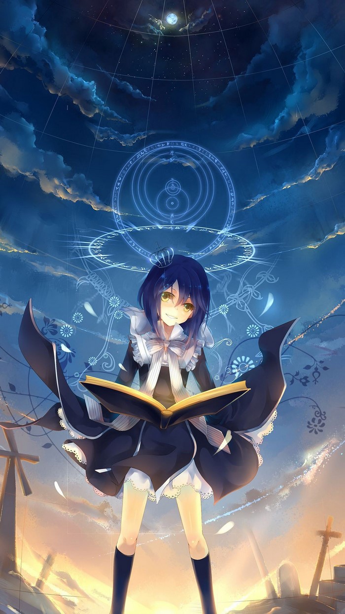Anime girl with blue hair reading a book