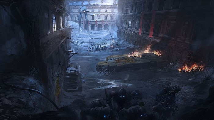 Post-apocalyptic scene with soldiers and burning vehicle