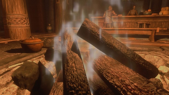 Campfire with logs and a pot in The Elder Scrolls V Skyrim