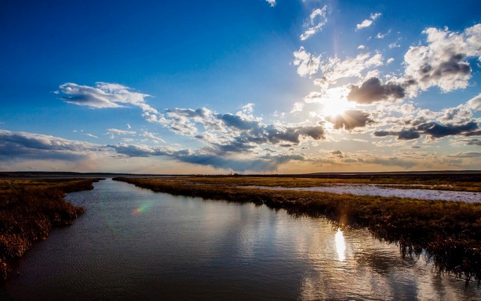 River flowing through wetlands under a cloudy sky with sun rays