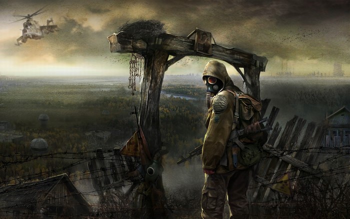 Soldier in gas mask in post-apocalyptic Ukraine