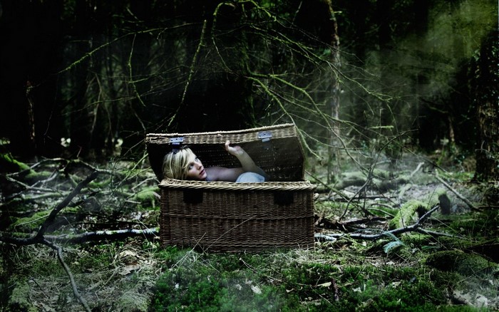 Woman in a basket in a dark forest