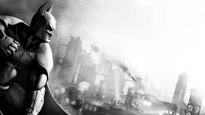 Batman from Batman Arkham City in a foggy city