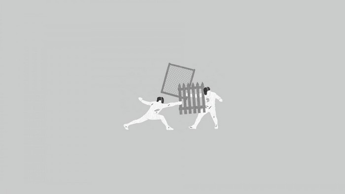 Two fencers with a fence and a net
