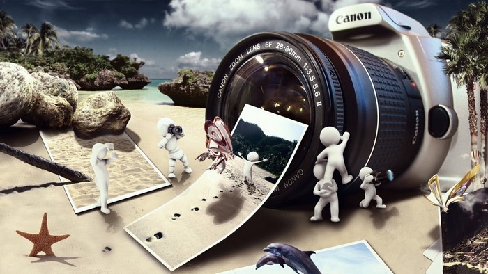 Canon Camera with Miniature Figures and Surreal Sand Photos