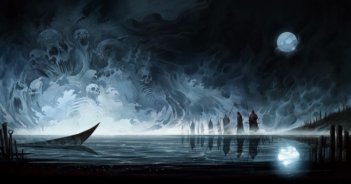 Ghostly figures walk across a dark, moonlit sea