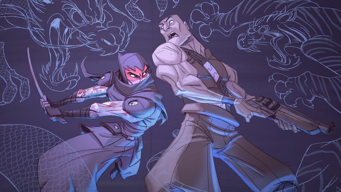 Two ninjas in front of dragon and tiger sketches