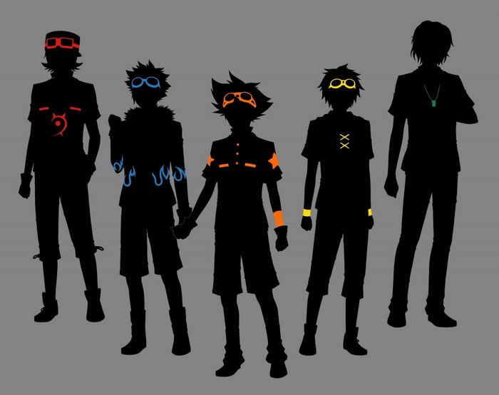 Silhouettes of five Digimon Tamers characters with selective coloring