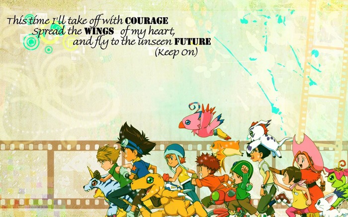 Digimon Adventure characters running with inspirational quote