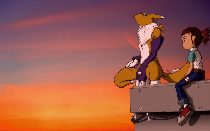 Renamon and Rika from Digimon Tamers sitting on a rooftop