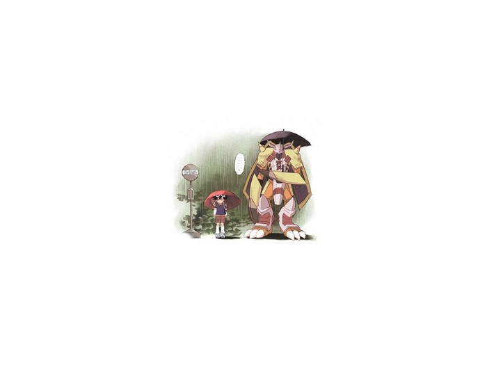 Digimon and girl with umbrellas in the rain