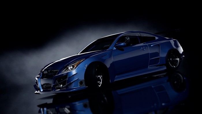 Blue sports car with custom body kit on black background