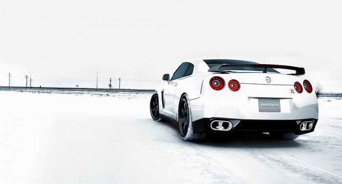 White Nissan GT-R in a Snowy Landscape