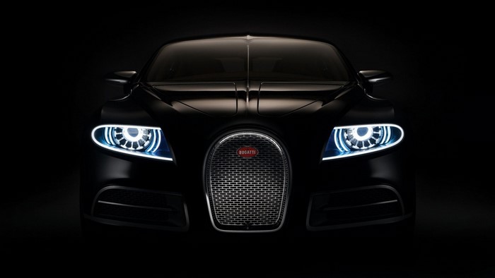 Bugatti Veyron front view with headlights on