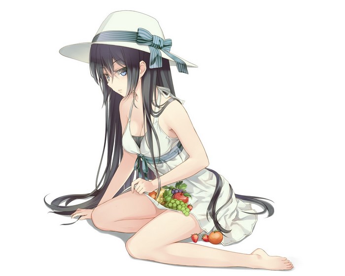 Anime girl in a white dress and hat with fruit