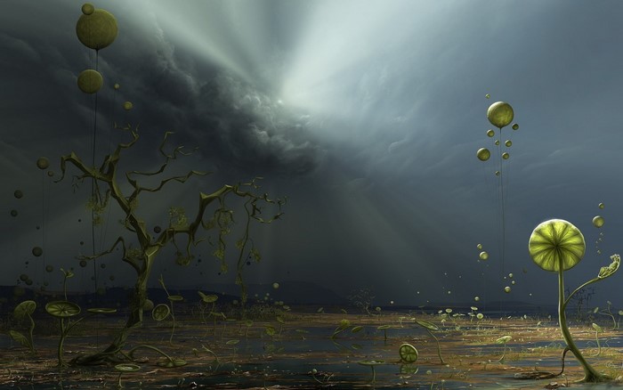 Surreal landscape with strange plants and stormy sky