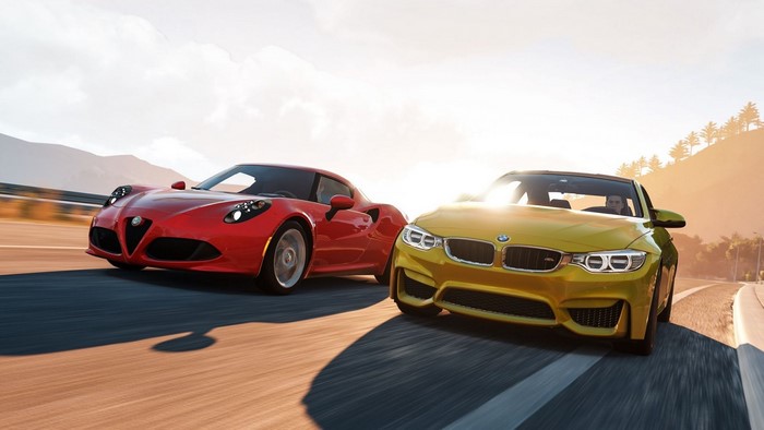 Red Alfa Romeo 4C and Yellow BMW M4 on Road