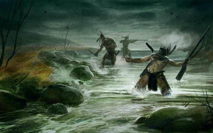 Warriors wading through a river with spears and knives