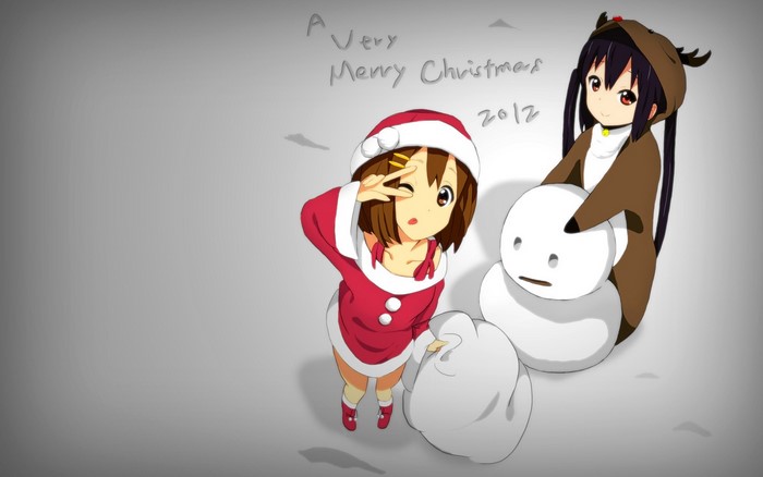 Yui and Azusa from K-On! building a snowman