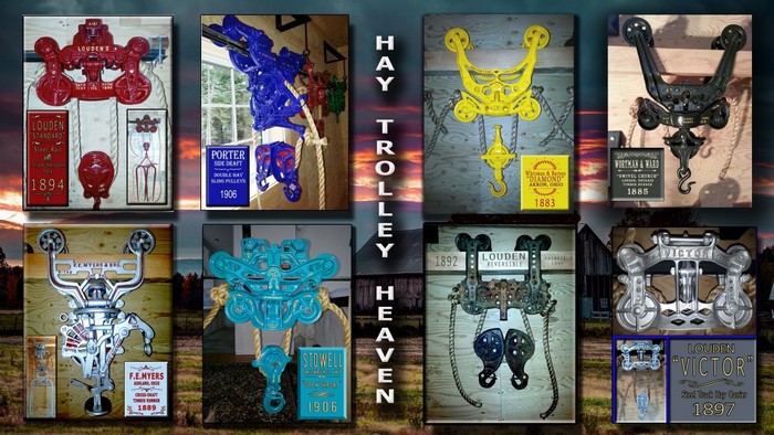 Collage of antique hay trolleys and farm equipment