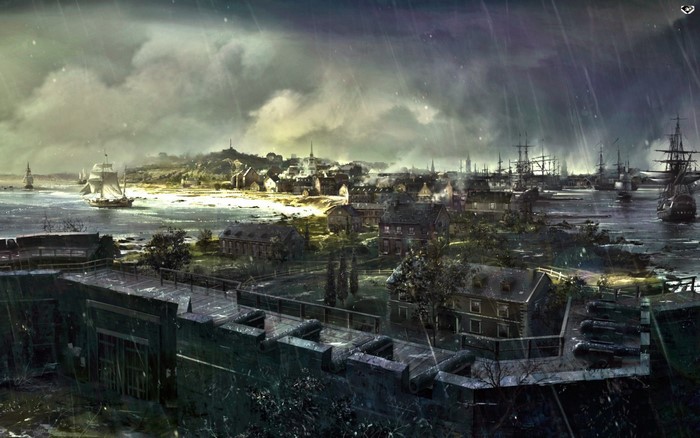 Assassin's Creed III: Rainy harbor with ships and fort