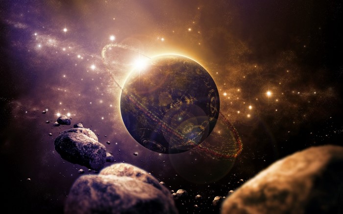 Fantasy Space Scene with Ringed Planet and Asteroids