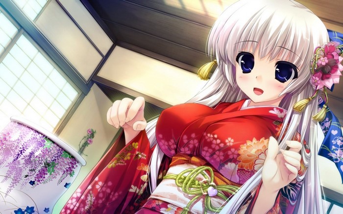 Anime girl in red kimono with white hair