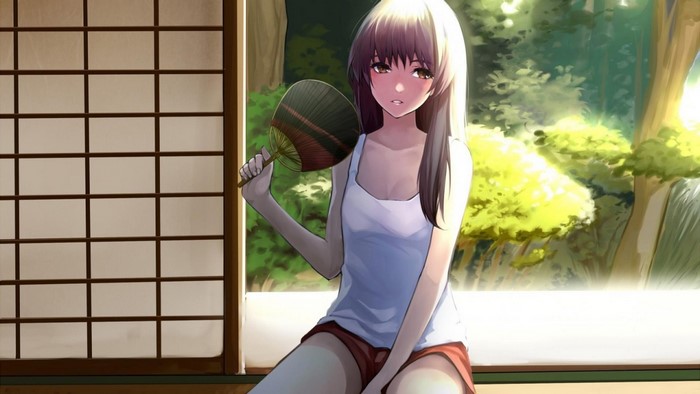 Anime girl with black hair holding a fan