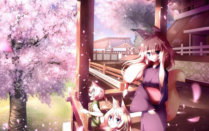 Anime girls with animal ears in traditional clothing under cherry blossoms