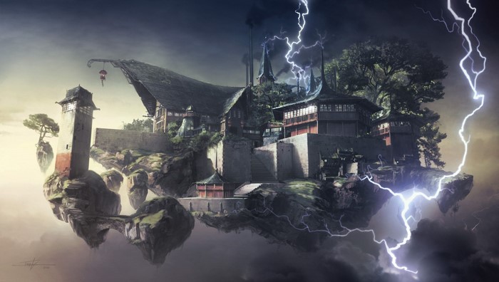 Fantasy floating islands with ancient architecture during a thunderstorm
