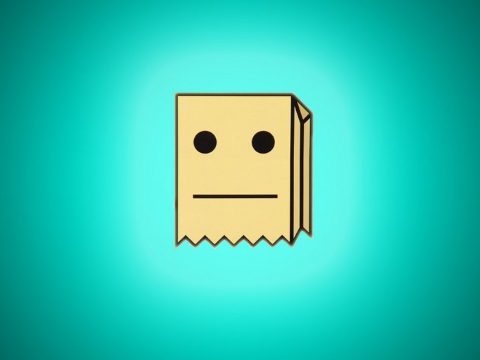 Paper bag character with eyes and mouth