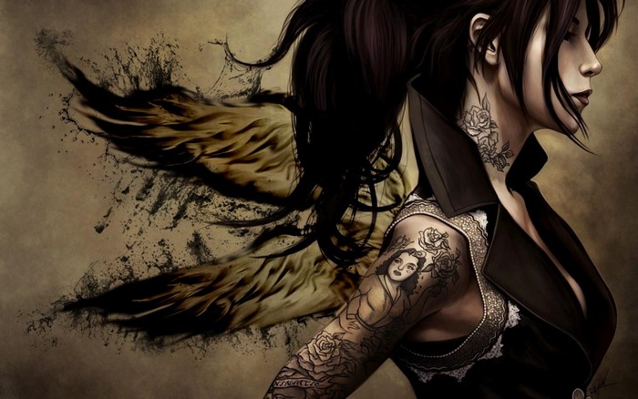 Woman with wings and tattoos