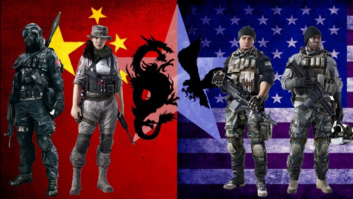 Soldiers representing China and USA flags with dragon and eagle emblems