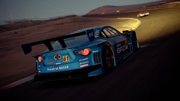 Subaru BRZ GT race car on a track in Gran Turismo 6