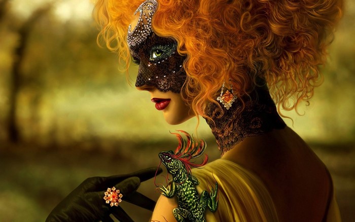 Woman with red curly hair and a black mask
