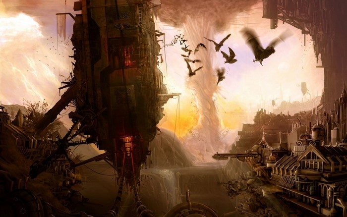 Steampunk City Underground with Bats and Tornado