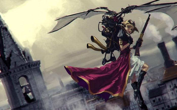 Steampunk girl with mechanical wings and rifle