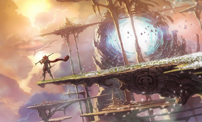 Warrior standing on floating island near portal