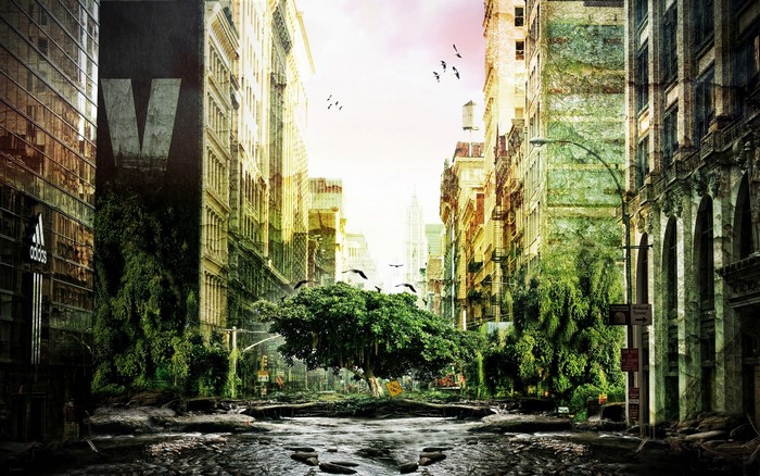 Apocalyptic Cityscape with Nature Overgrowth and River