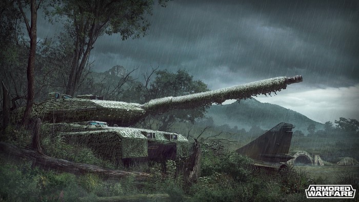 Abandoned Leopard 2 tank in a rainy forest