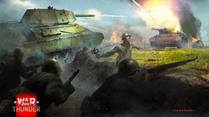 Soldiers and tanks in battle in War Thunder