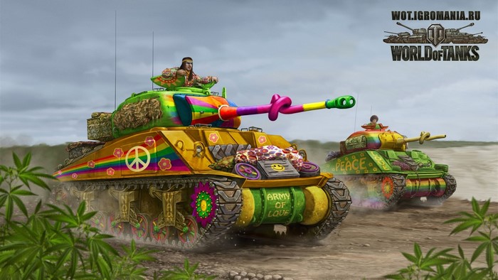 World of Tanks M4 Sherman tanks with peace and love theme
