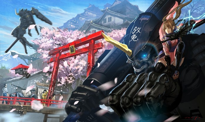 Anime robot with girl and samurai in cherry blossom landscape